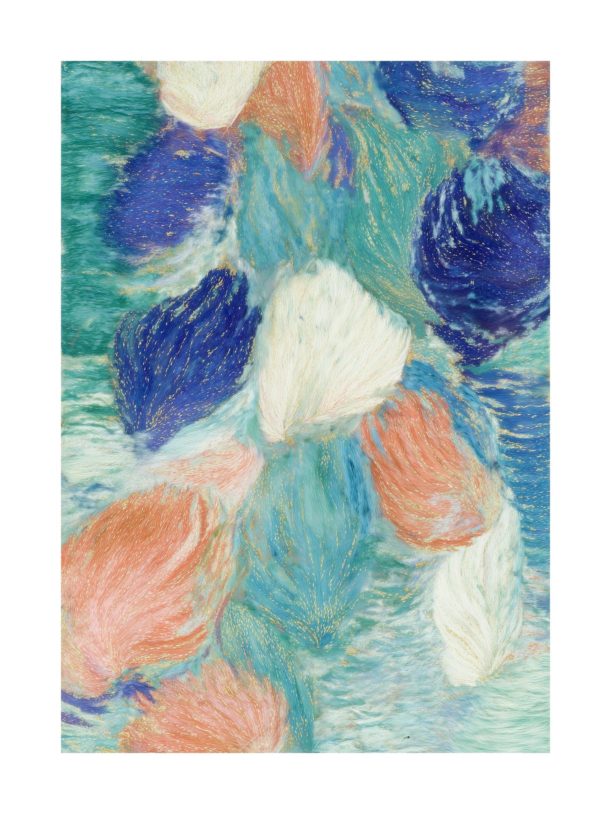 Abstract pastel artwork of swirling coral, blue, and white petal-like forms.