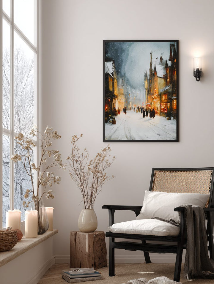 Snowy Village Street Poster
