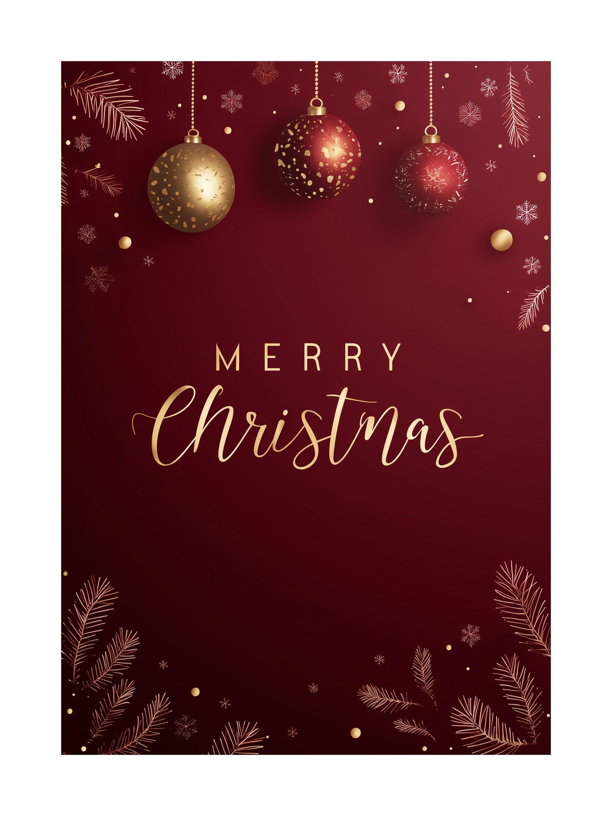 Red and gold Merry Christmas poster with golden ornaments and pine details