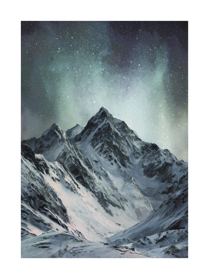 Snow-covered mountain peaks beneath a glowing starry sky.