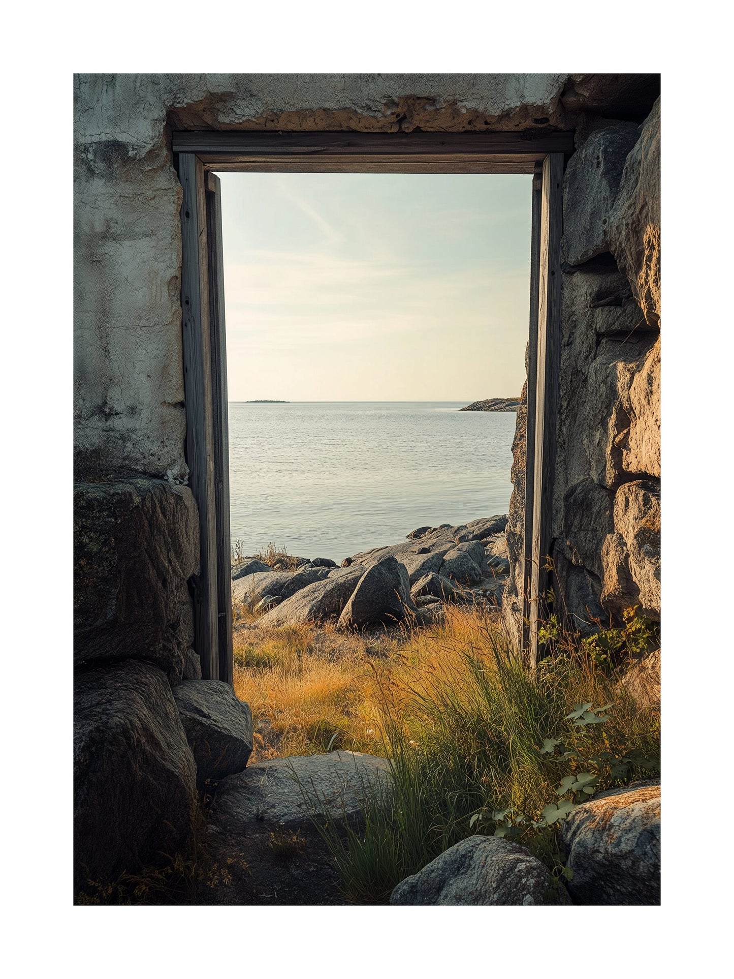 Poster showing view of Swedish coast framed by old stone ruins