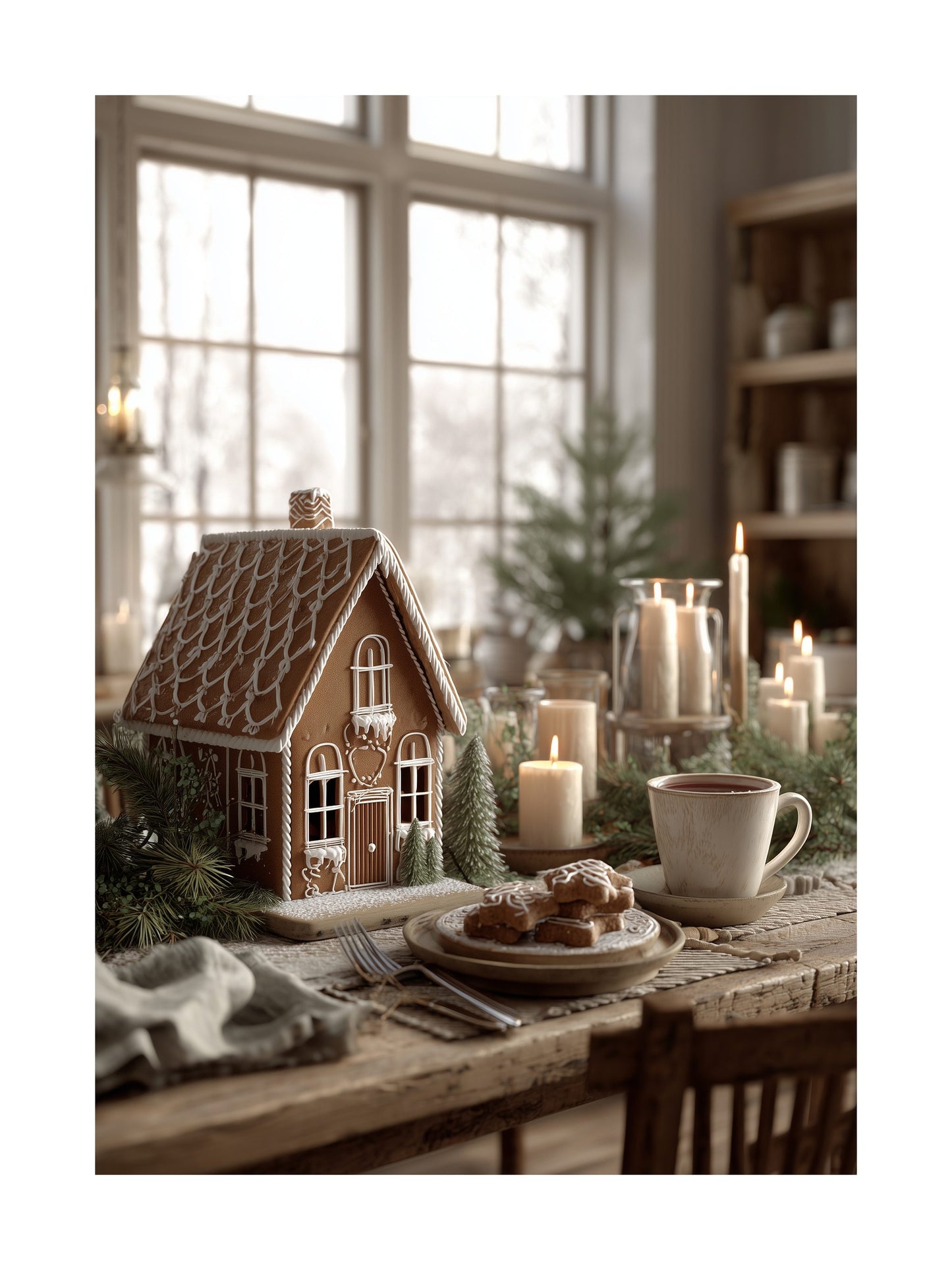 Scandinavian kitchen table with gingerbread house, candles, and cup of cocoa
