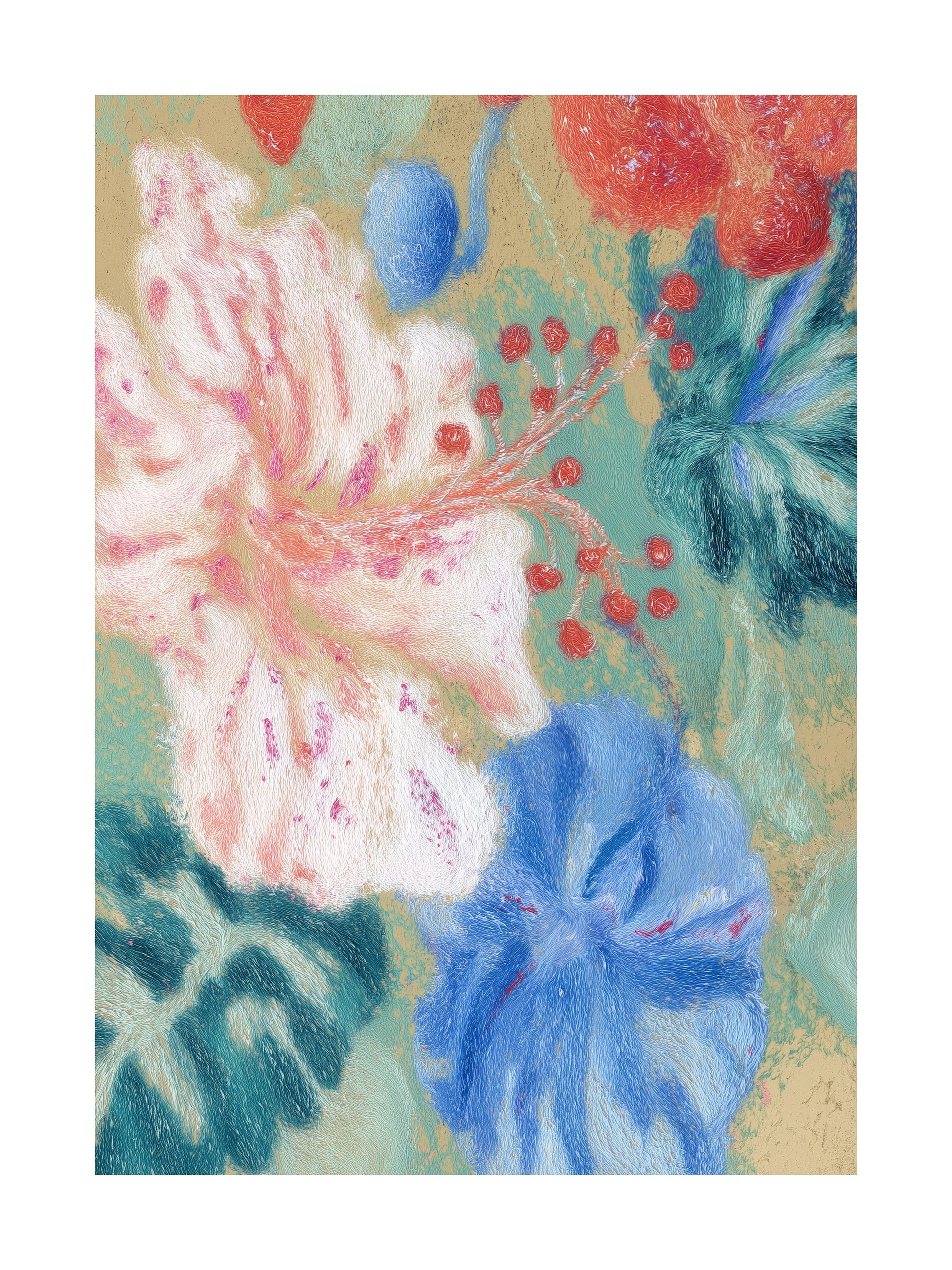Pastel artwork of tropical hibiscus and foliage