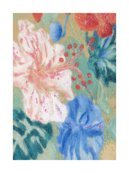 Pastel artwork of tropical hibiscus and foliage
