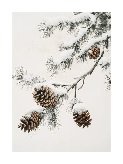Painting of pinecones and needles dusted with snow on light background.