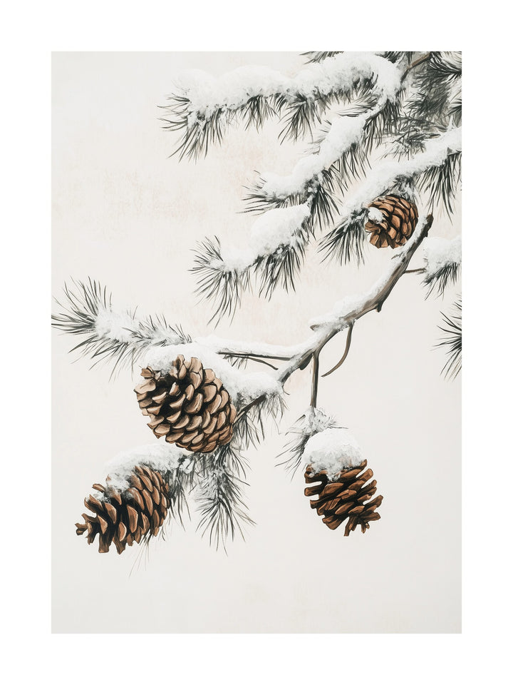 Painting of pinecones and needles dusted with snow on light background.