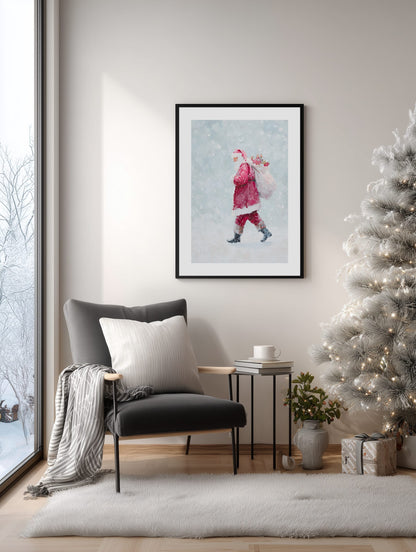 Santa Walking Through Snow Poster