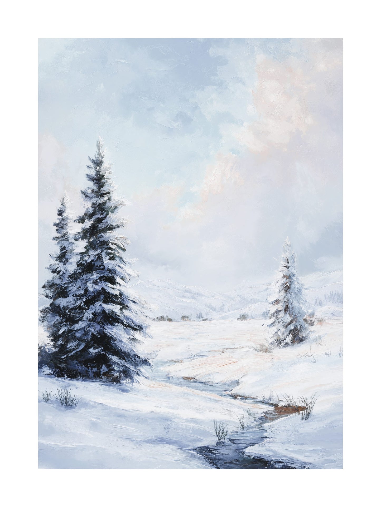 Painting of snowy pine trees and soft clouds in a serene winter landscape.