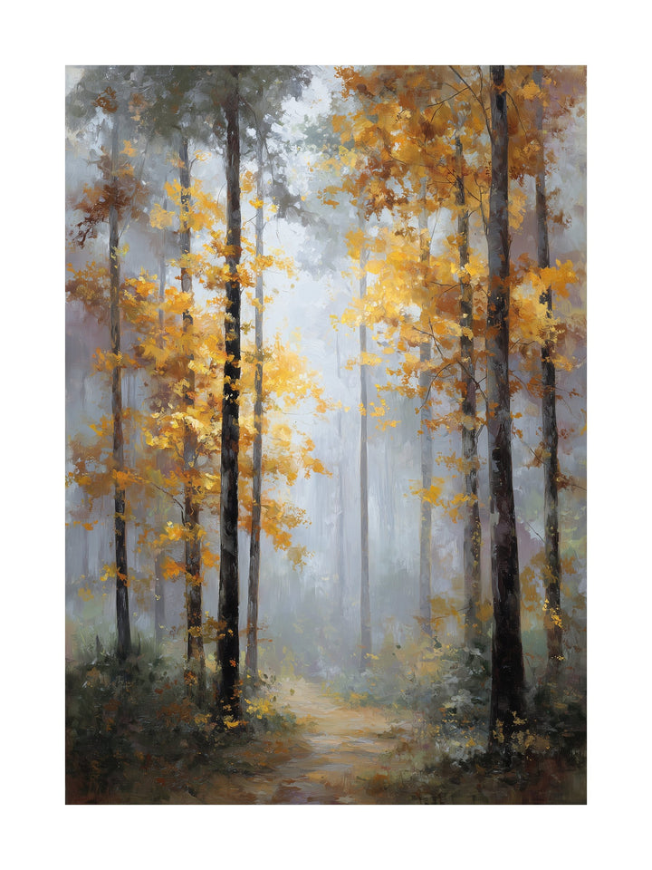 Poster of a misty autumn forest path with golden leaves