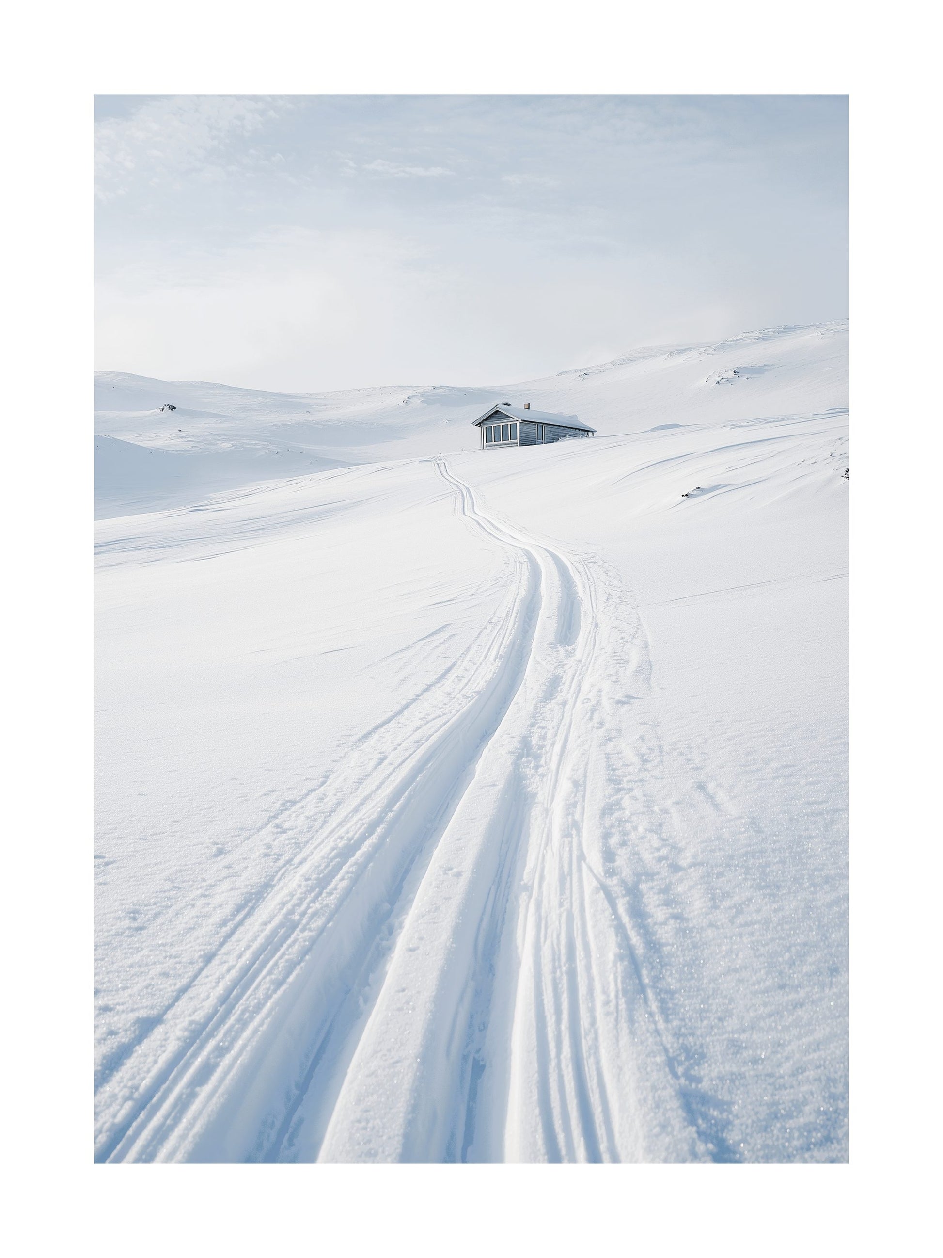Snowy landscape with ski tracks leading to a small cabin in the distance.