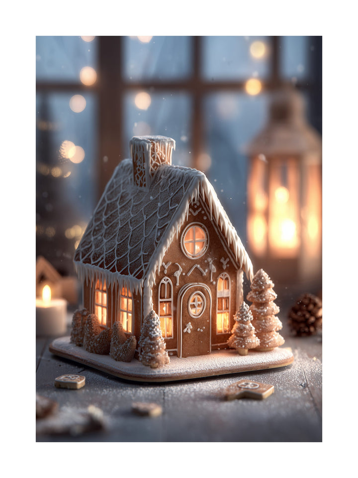 Gingerbread house with icing and candlelight Christmas poster