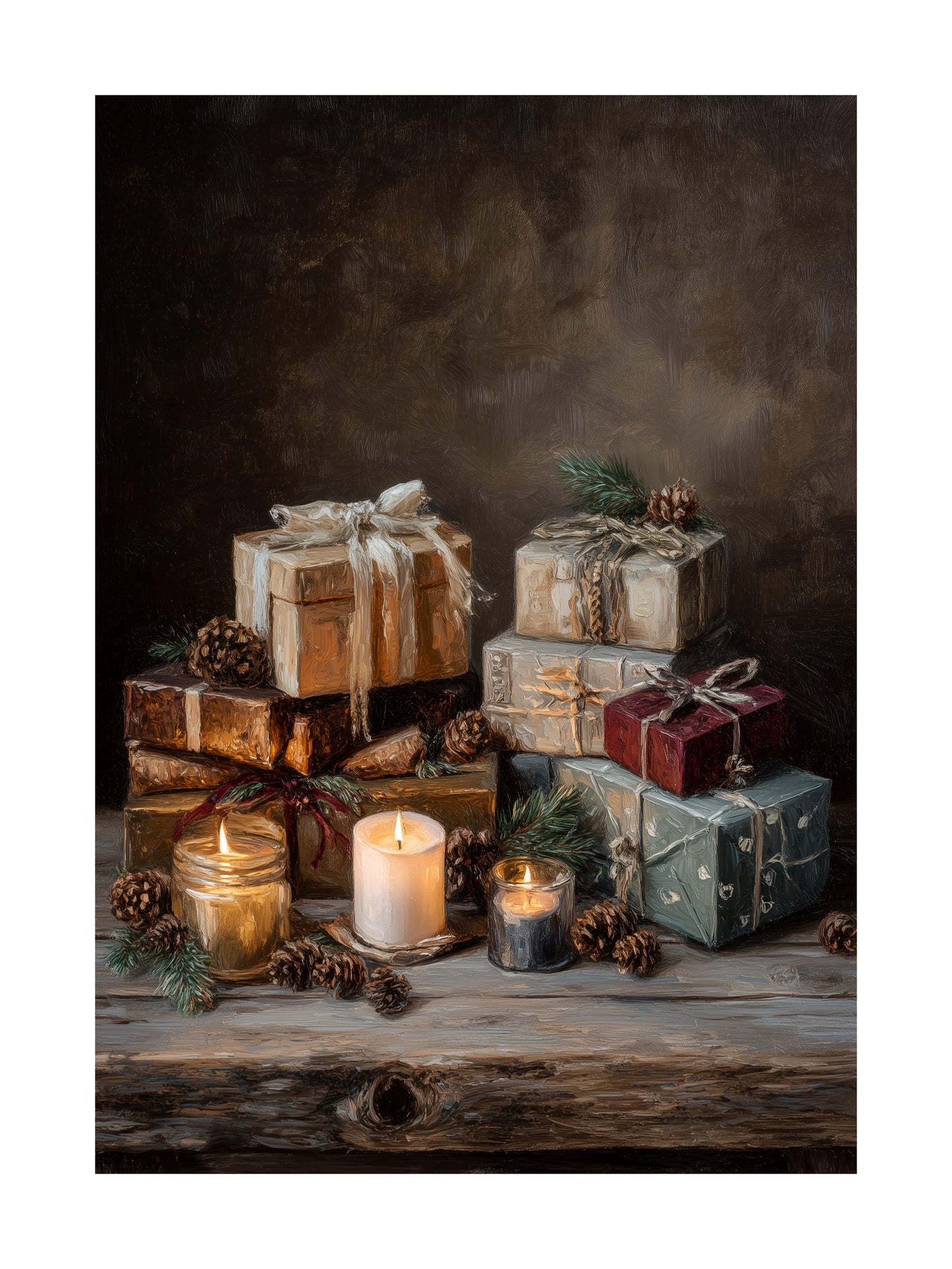 Oil painting of Christmas still life with wrapped presents, pinecones, and candles