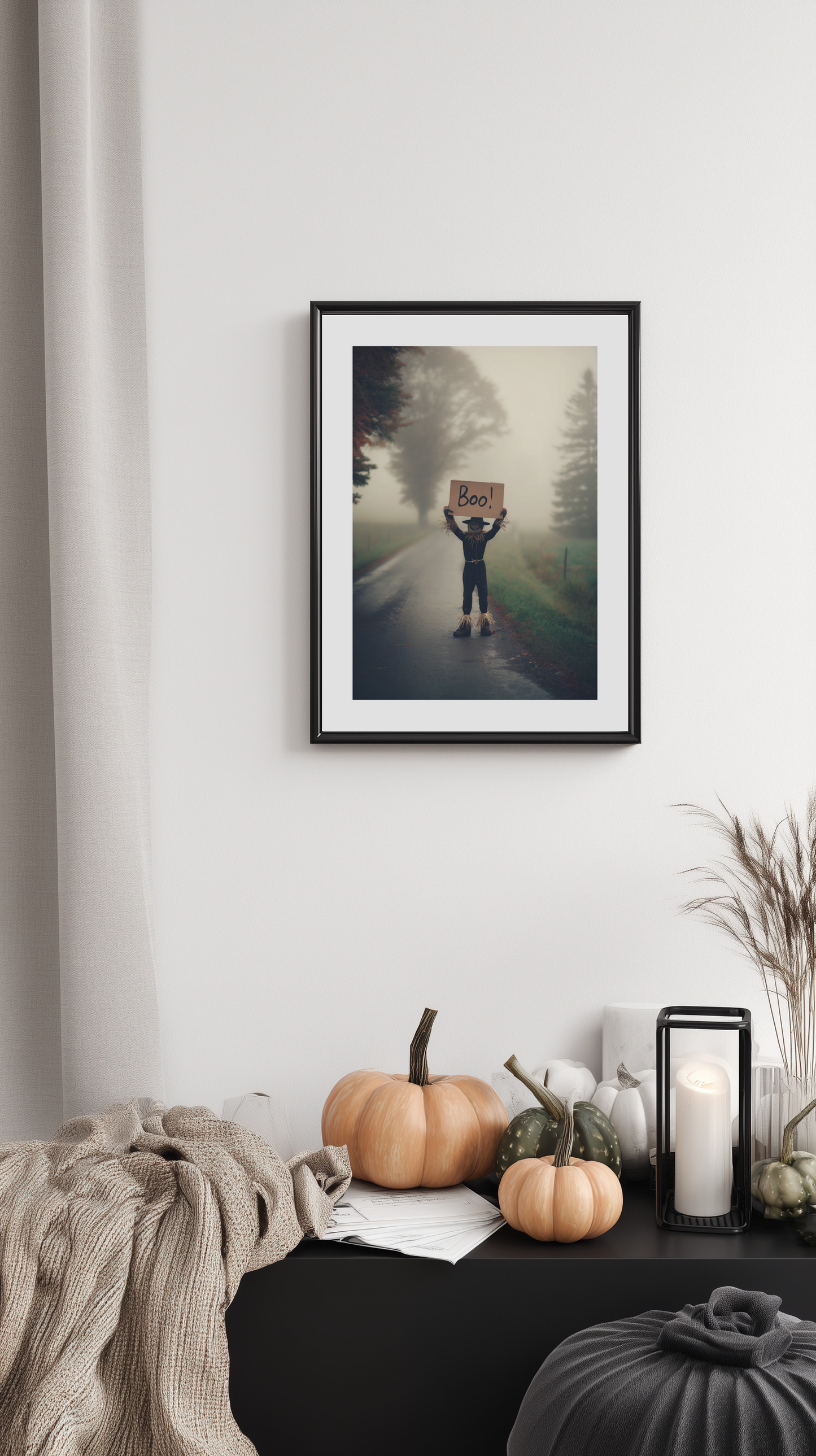 Scarecrow on Foggy Road Poster