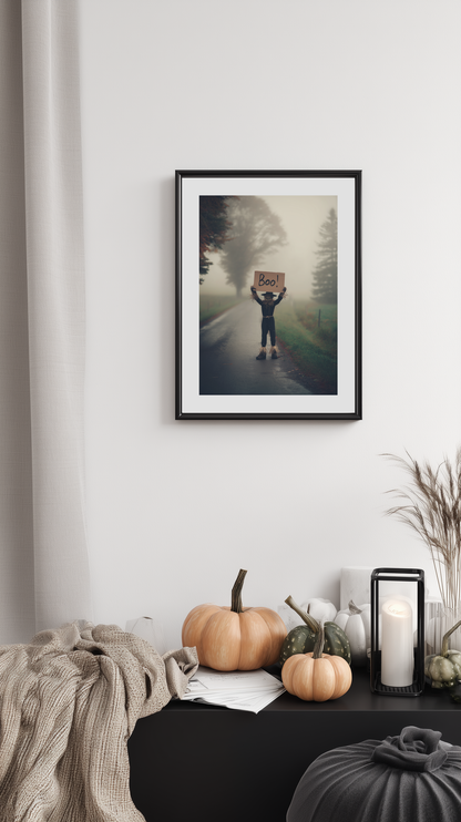 Scarecrow on Foggy Road Poster