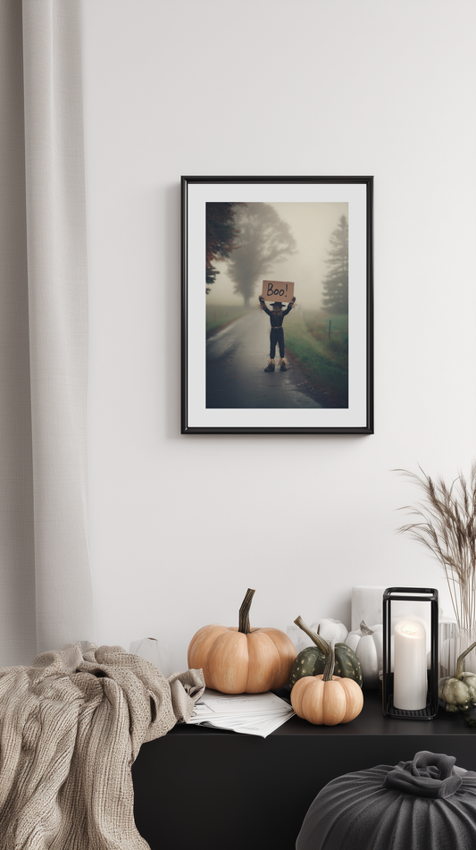 Scarecrow on Foggy Road Poster