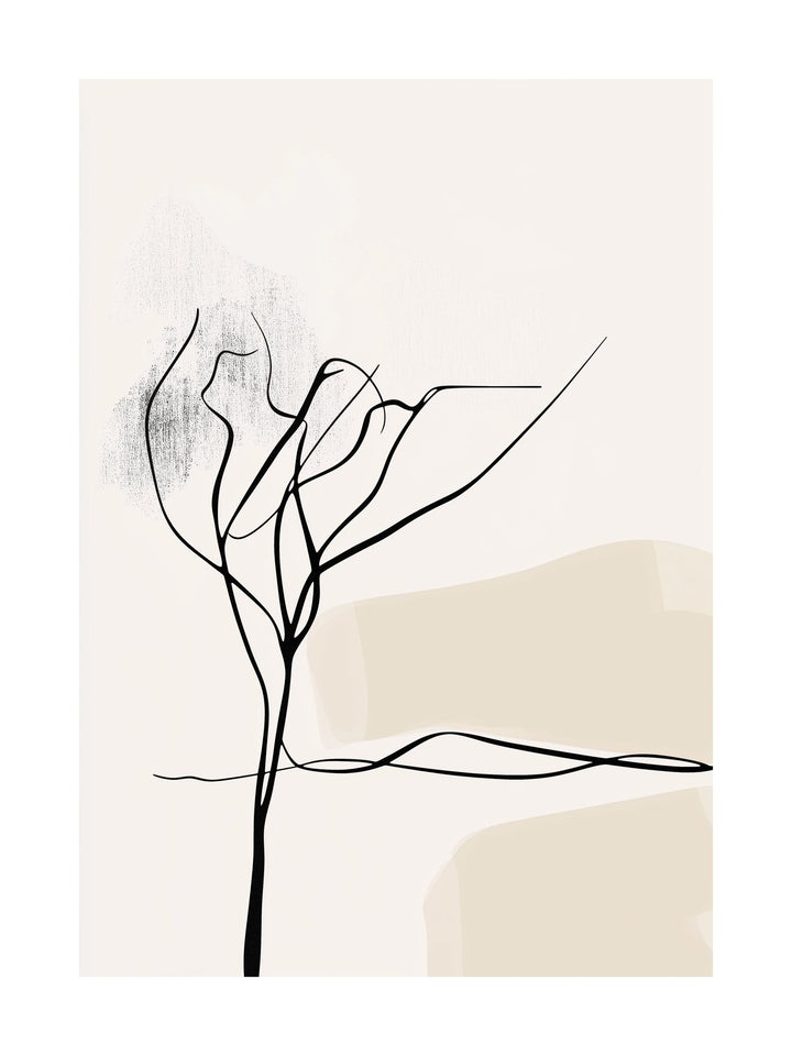 Poster with abstract tree silhouette in black line art on a neutral background.