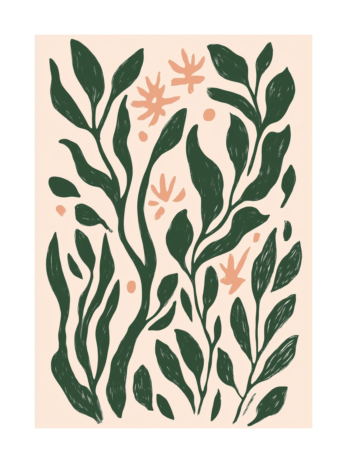 Poster with abstract green leaves and peach flowers on a beige background, perfect for modern wall decor