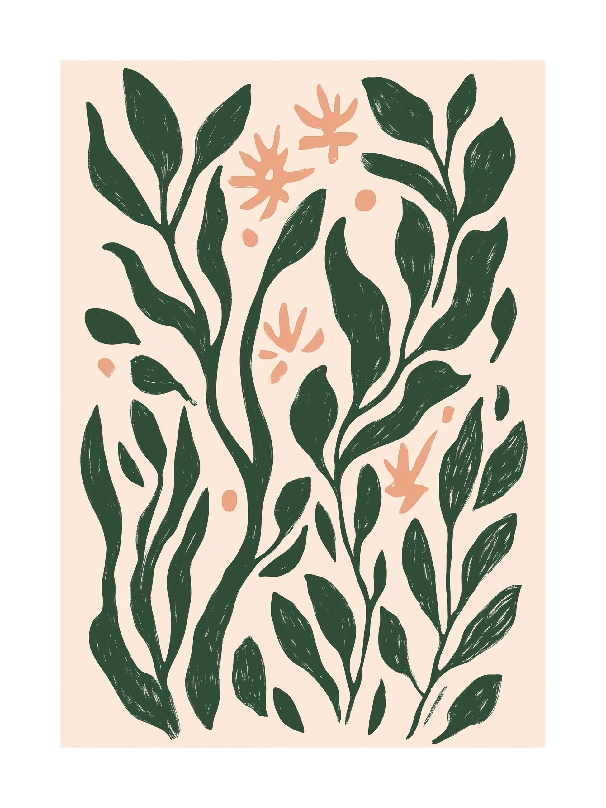 Poster with abstract green leaves and peach flowers on a beige background, perfect for modern wall decor