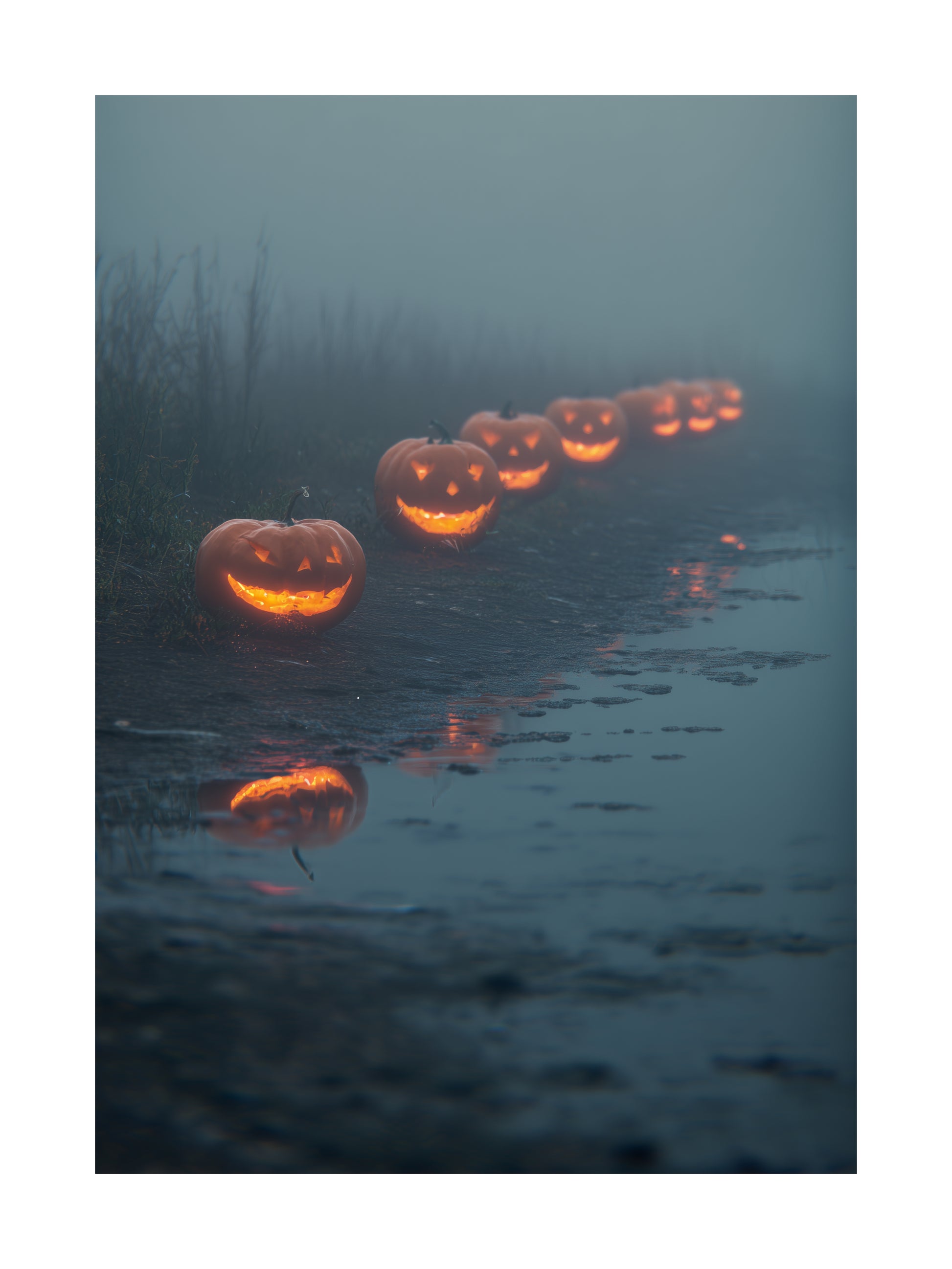 Halloween poster with glowing jack-o'-lanterns on a foggy path