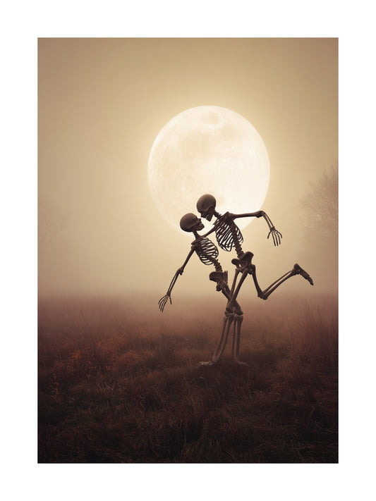 Skeleton couple dancing under a full moon in a foggy field poster