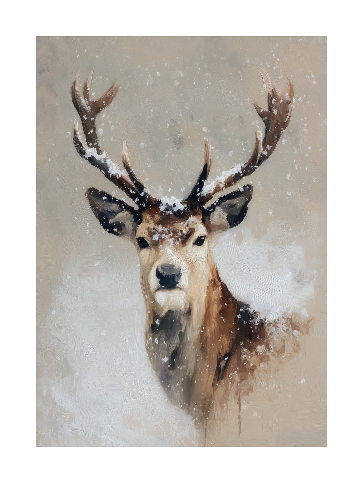 Painting of a deer with antlers covered in snow on a beige background.