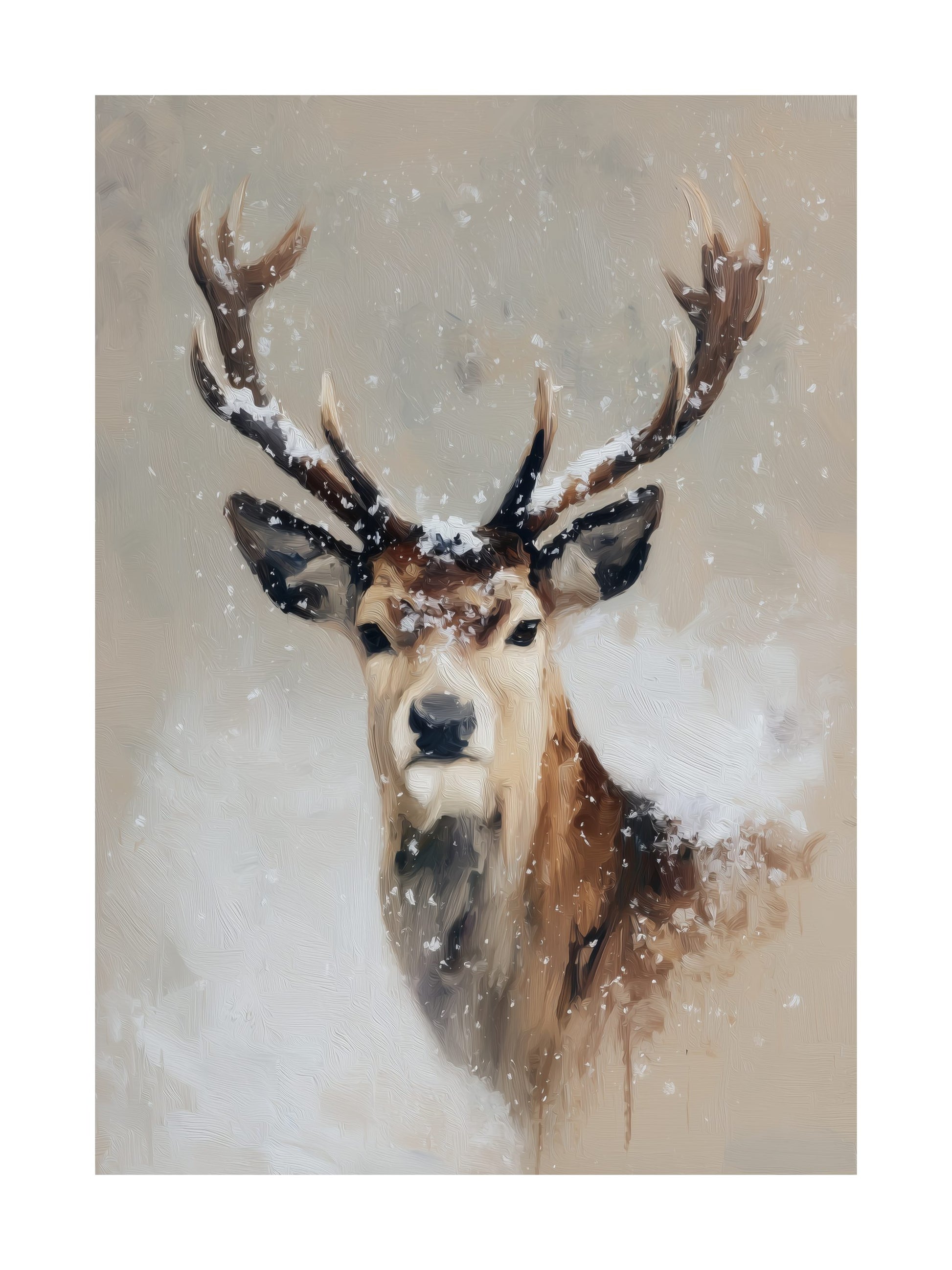 Painting of a deer with antlers covered in snow on a beige background.