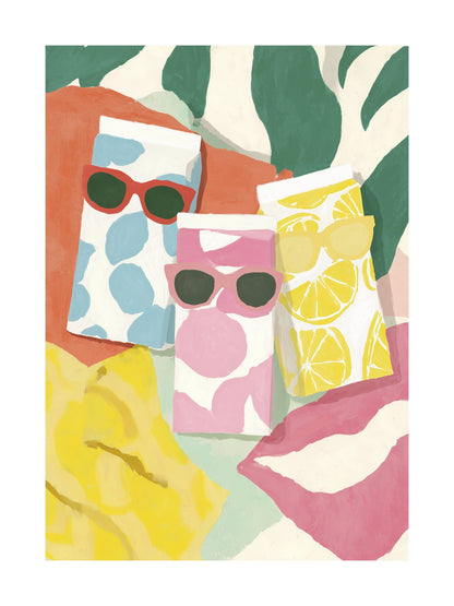 Poster of green bicycle with flower basket on pink