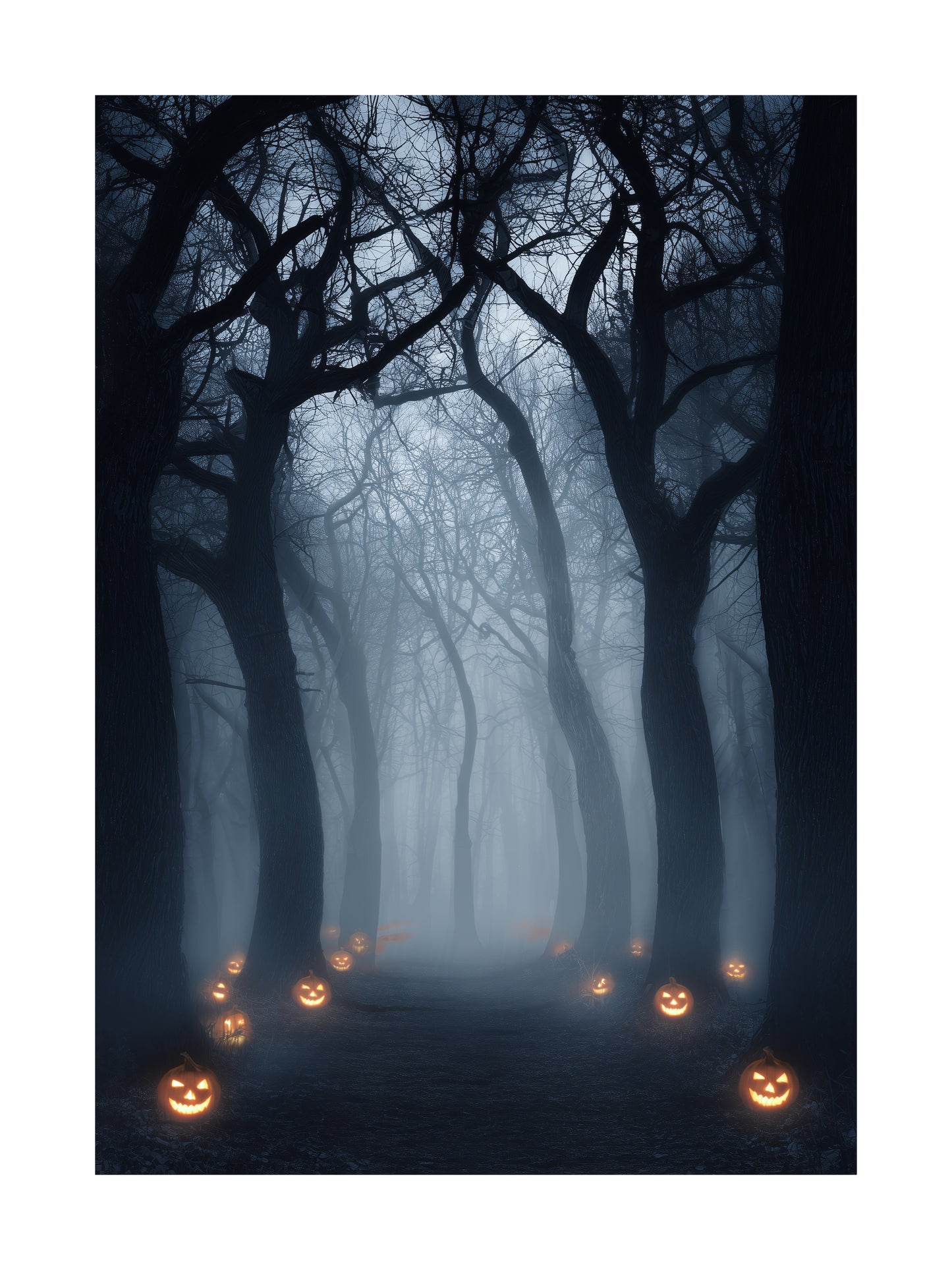 Dark forest path with glowing carved pumpkins in the mist
