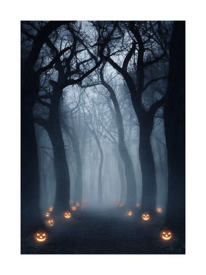 Dark forest path with glowing carved pumpkins in the mist