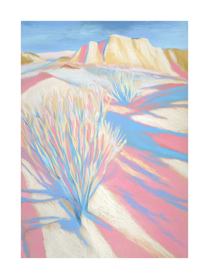 Desert landscape with brush and pastel-colored shadows