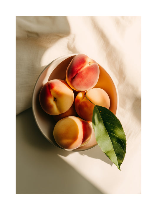 Top-down view of a bowl filled with ripe peaches and a leaf on a sunlit surface. Ideal for wall art in your home, office, or studio.