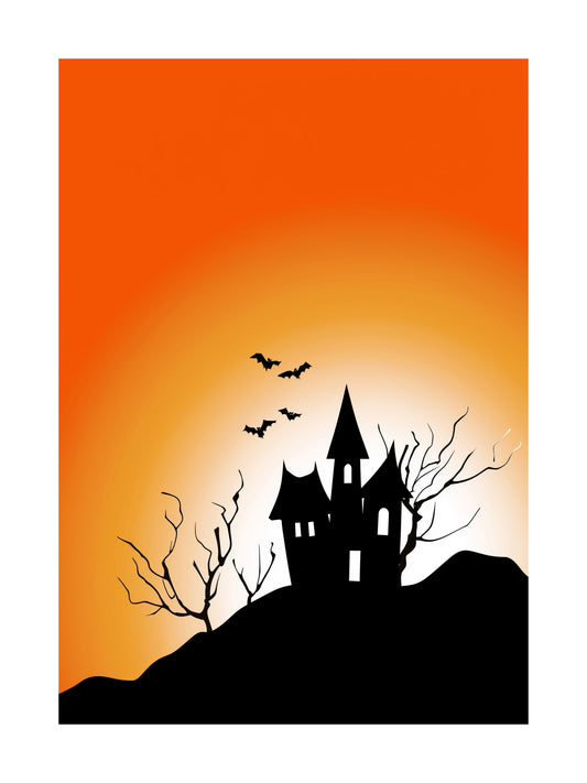 Poster of a haunted house silhouette on a hill with bats