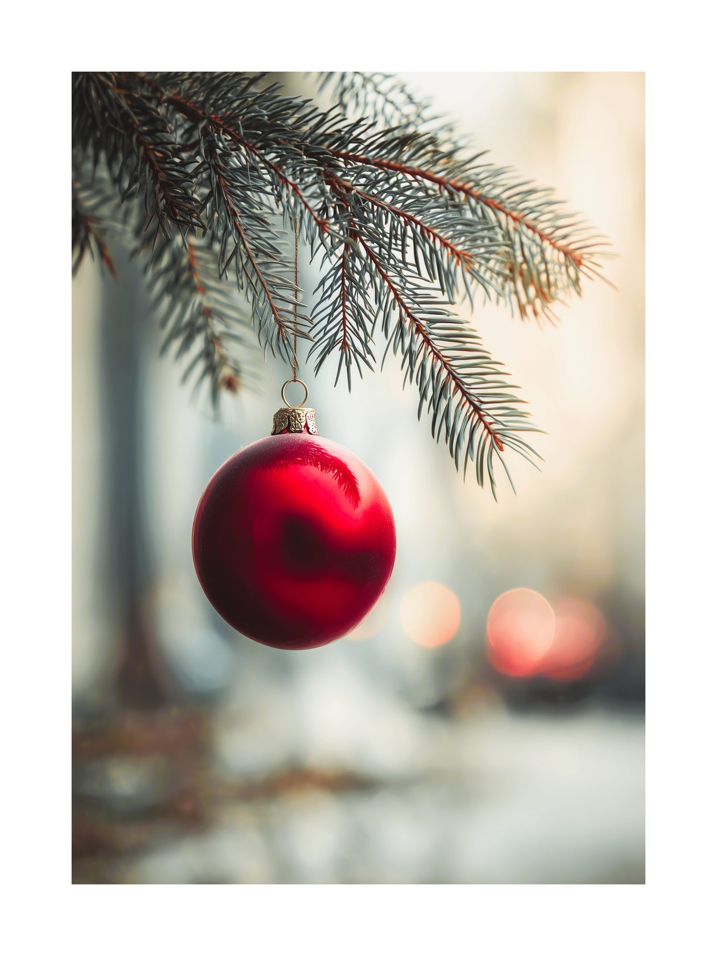 Red Christmas ornament hanging from pine branch minimalist poster