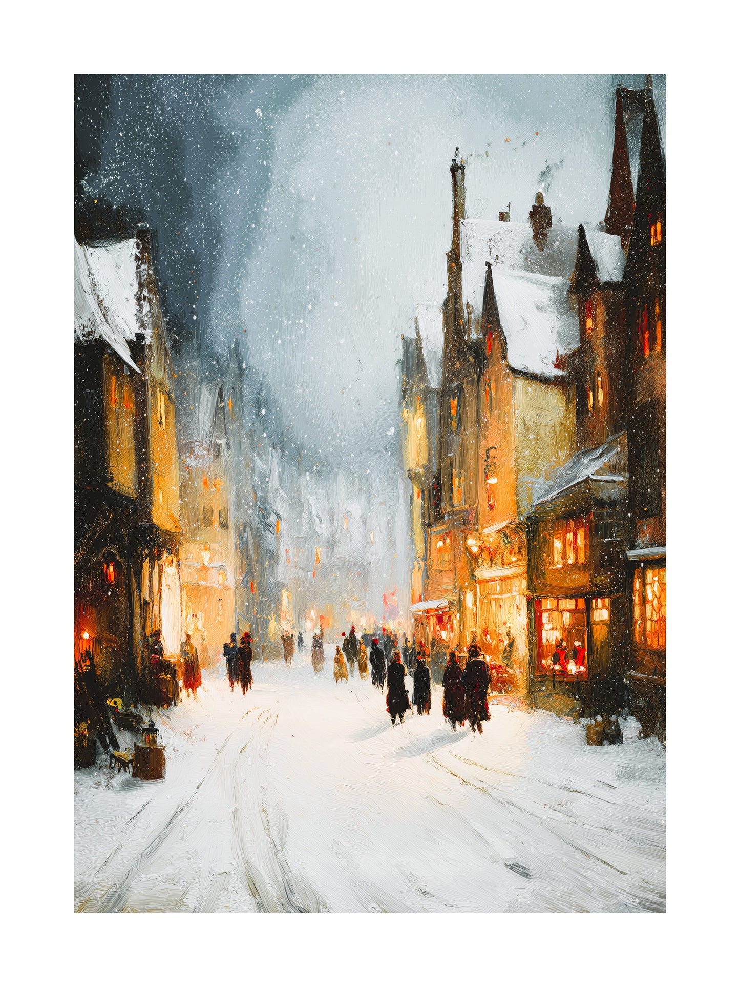 Oil painting of a snowy village street with warm lights and people walking.