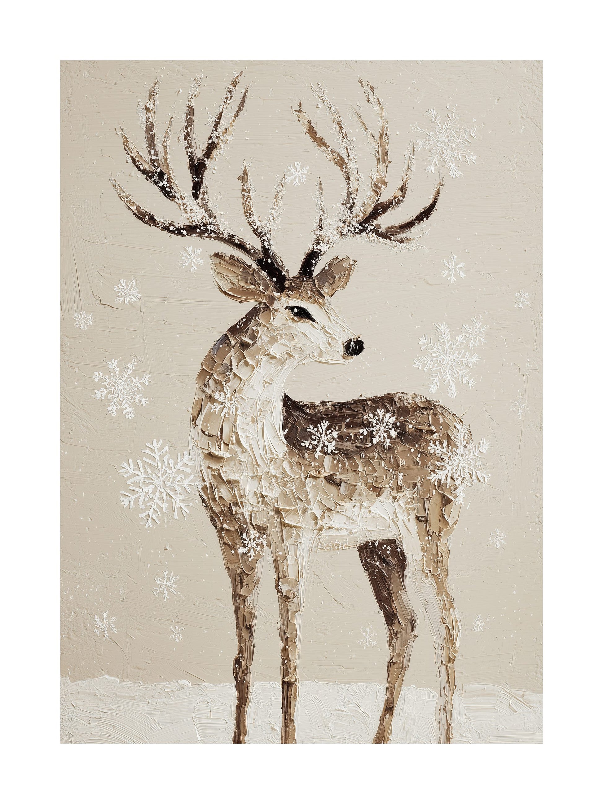 Painting of a reindeer with snowflakes on a beige textured background.