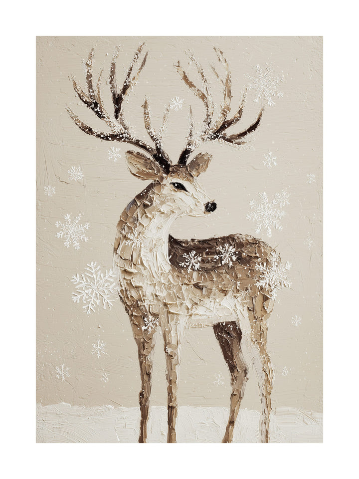 Painting of a reindeer with snowflakes on a beige textured background.