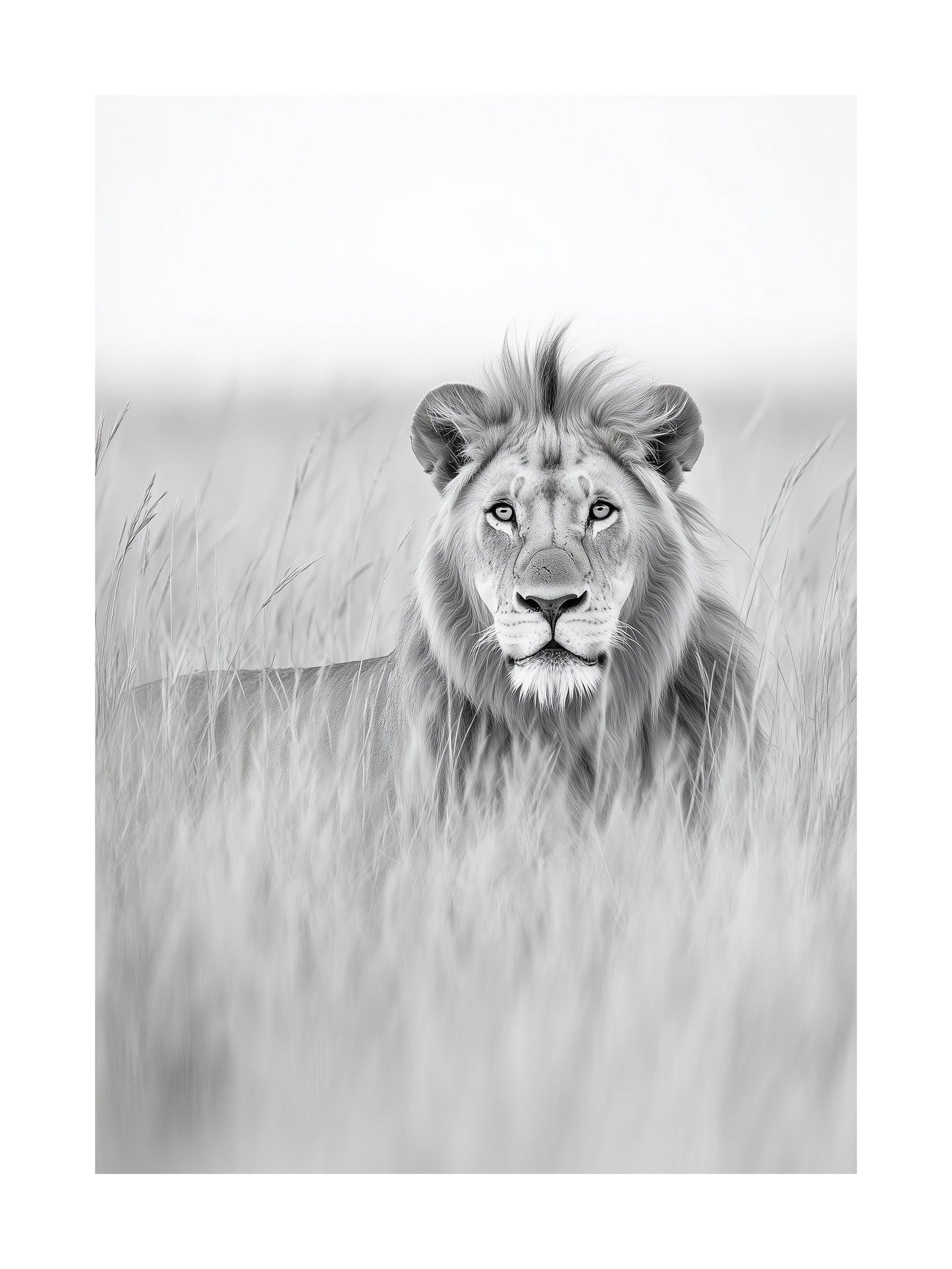 Black and white portrait of a lion lying in tall grass