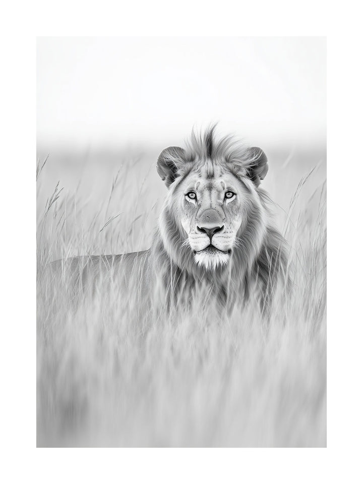 Black and white portrait of a lion lying in tall grass