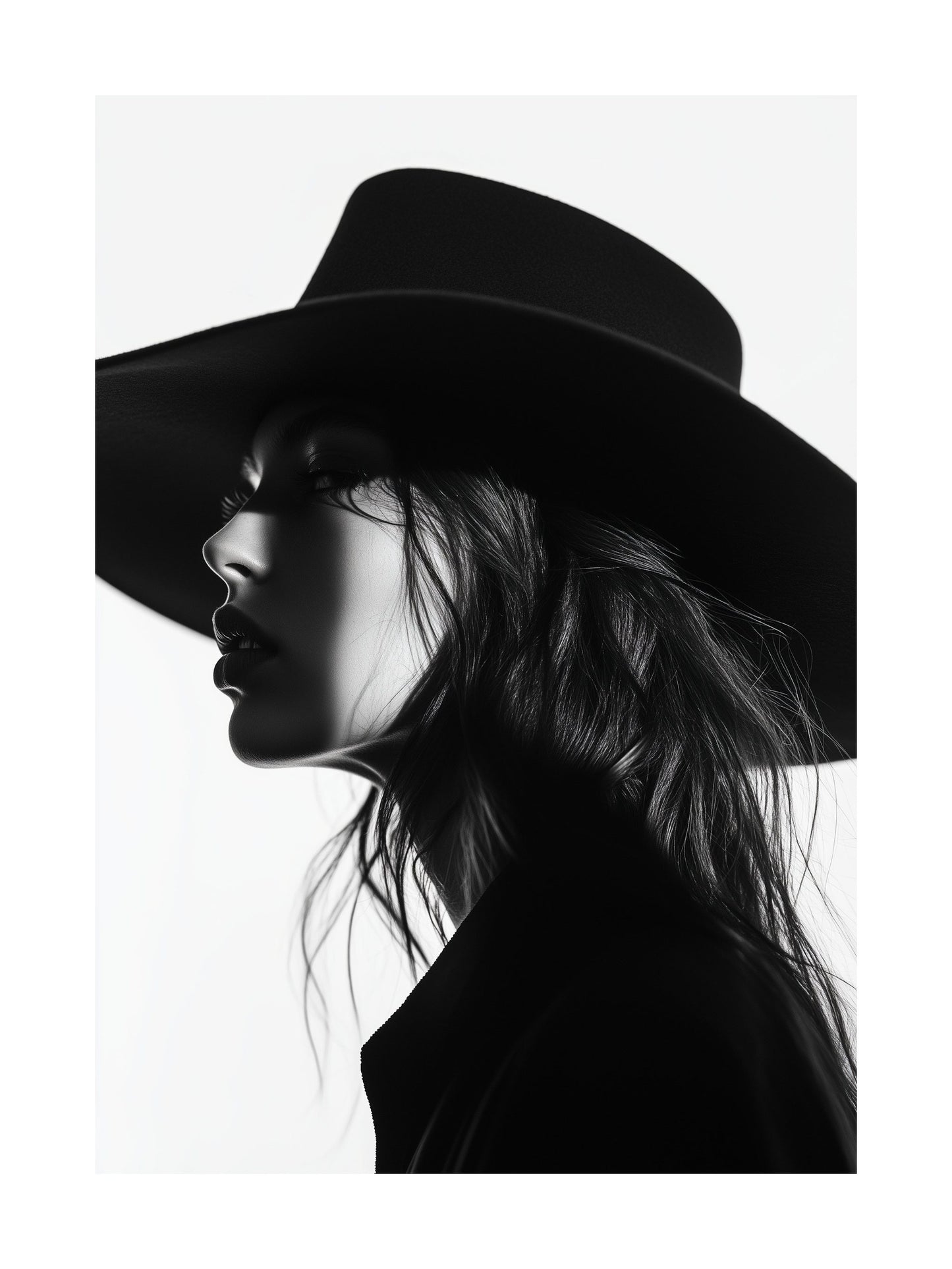 Black and white profile of woman in hat - elegant fashion poster