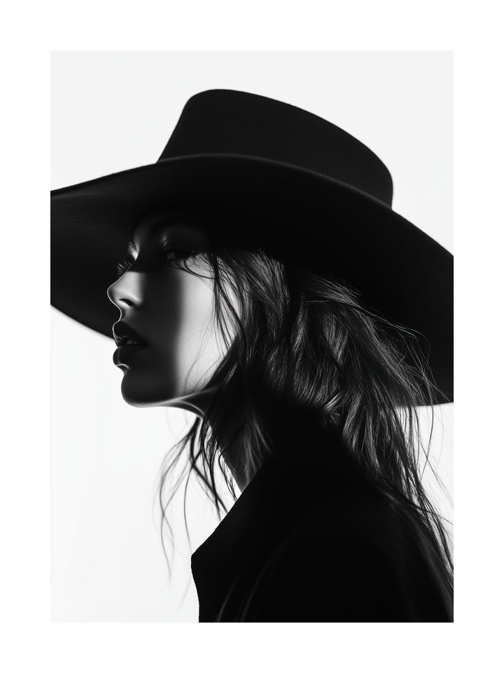 Black and white profile of woman in hat - elegant fashion poster