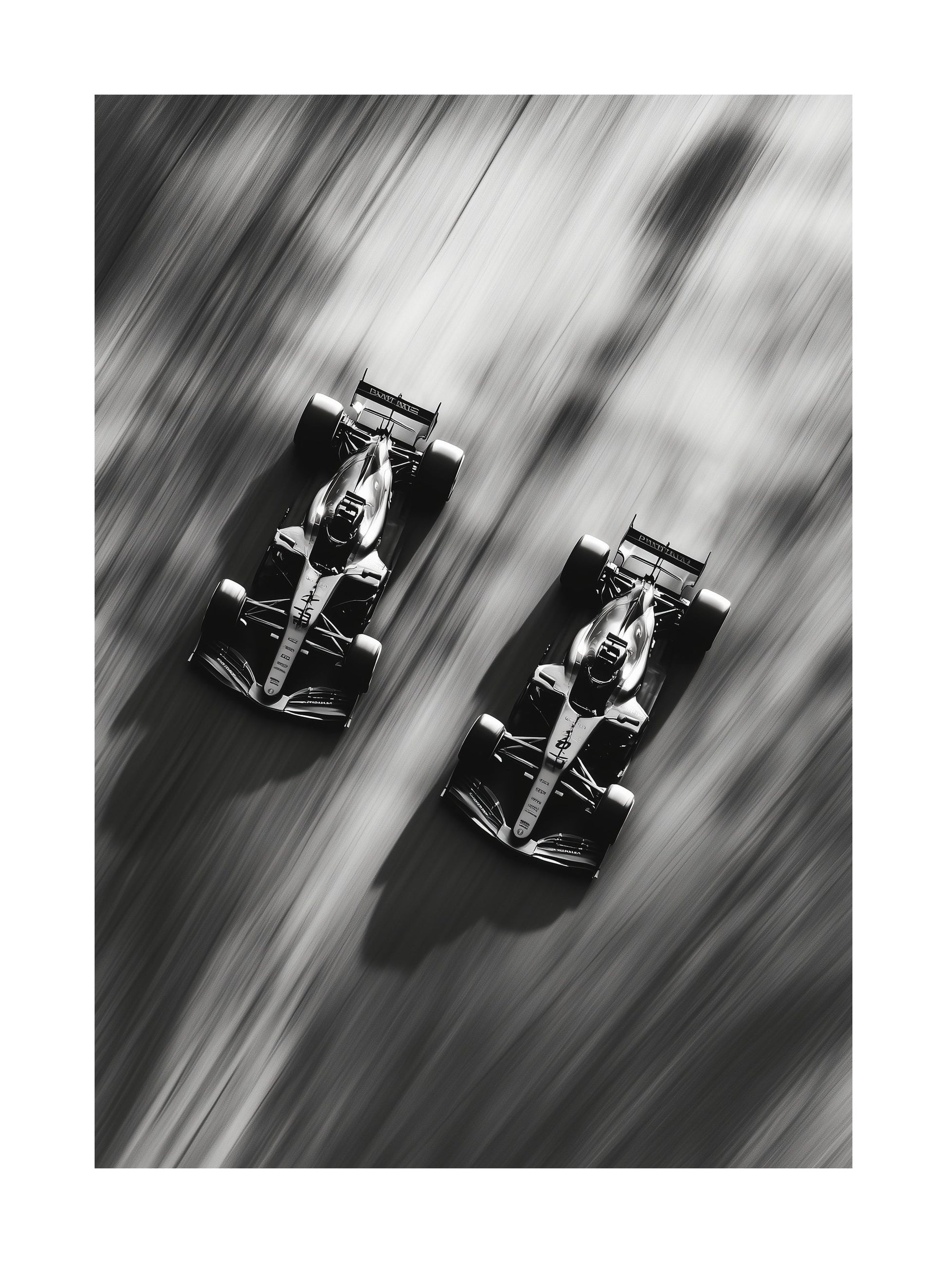 Black and white top-down image of two Formula 1 cars racing