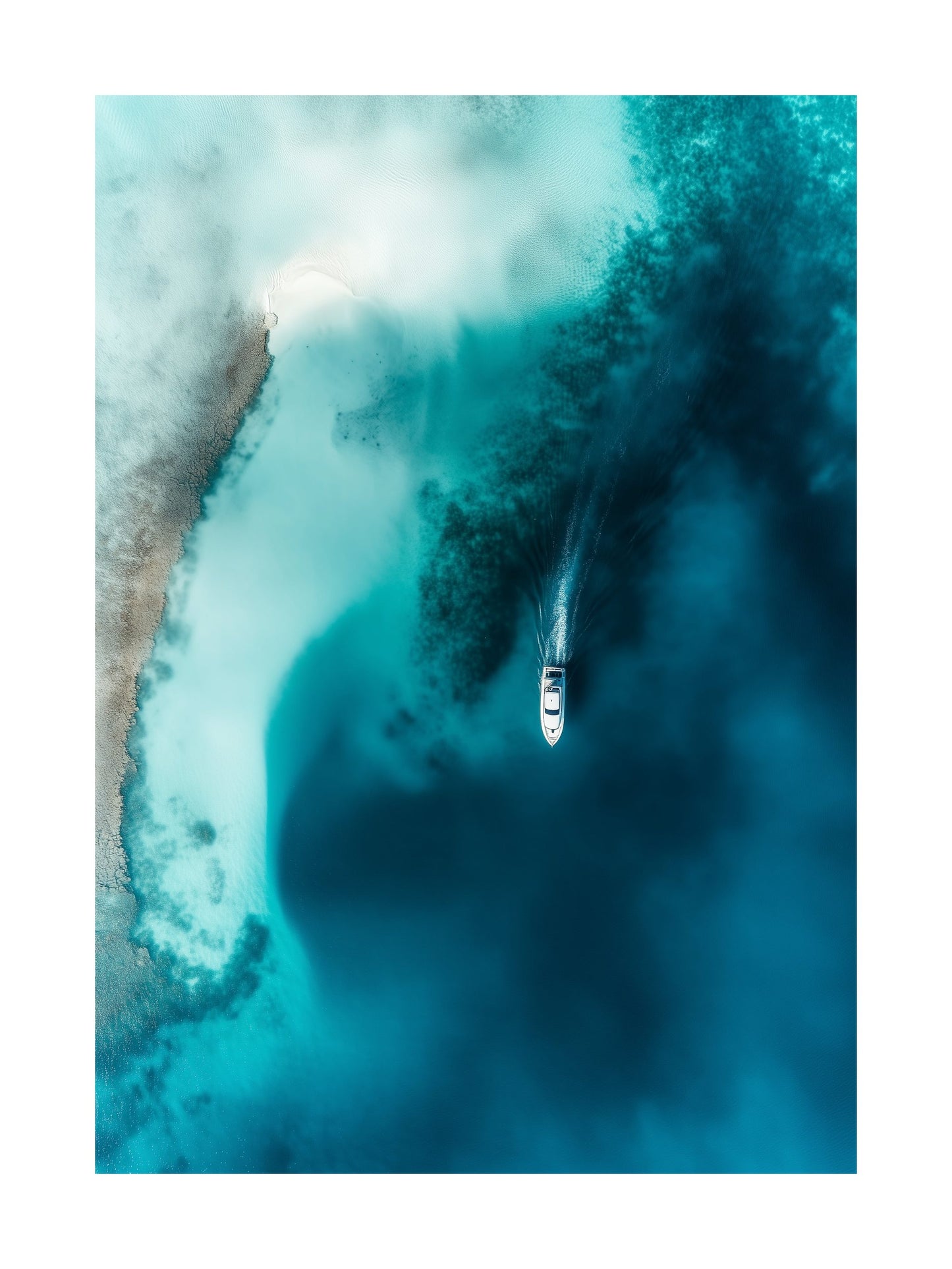 Aerial view of a small white yacht sailing over deep blue ocean shades. Ideal for wall art in your home, office, or studio.