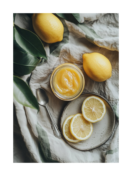 Poster of lemon curd and sliced lemons styled on a linen cloth