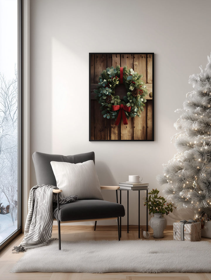 Christmas Wreath on Wooden Door Poster
