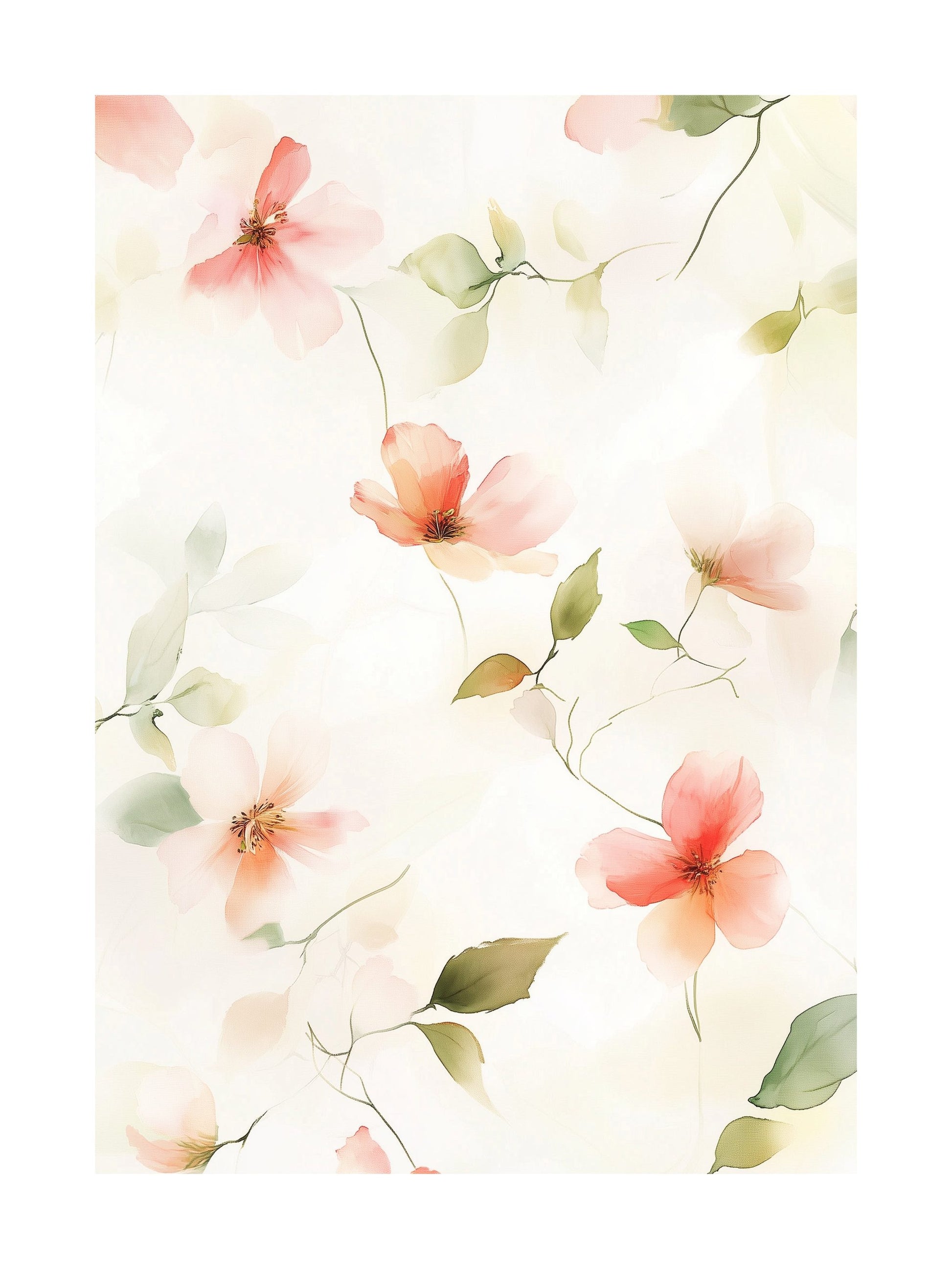 Floral abstract poster with coral flowers and soft green leaves