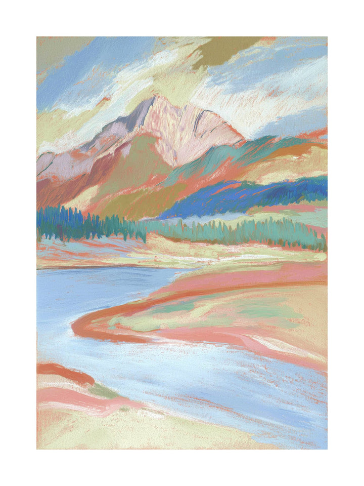 River with mountain range in pastel colors
