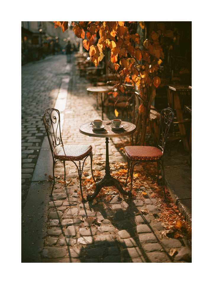 Poster of Parisian café terrace with chairs and autumn leaves