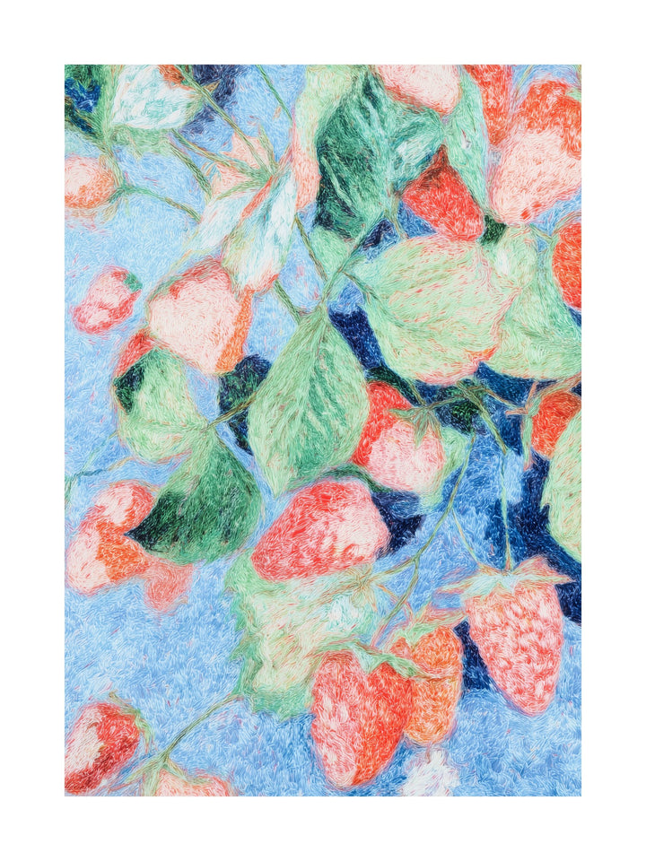 Illustration of strawberries and leaves on blue background