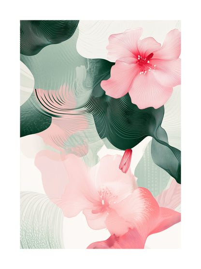 Abstract floral poster with pink flowers and flowing green patterns