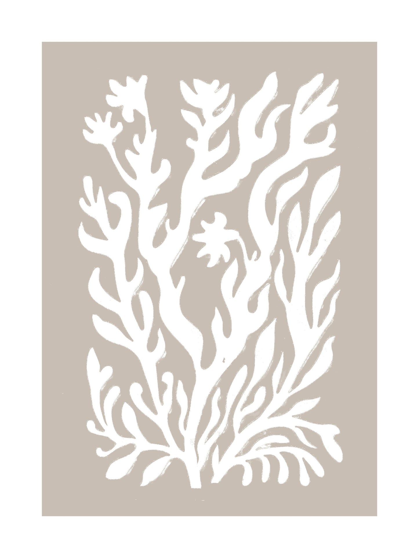 Poster with white botanical shapes on beige background, ideal for minimalist and boho wall art
